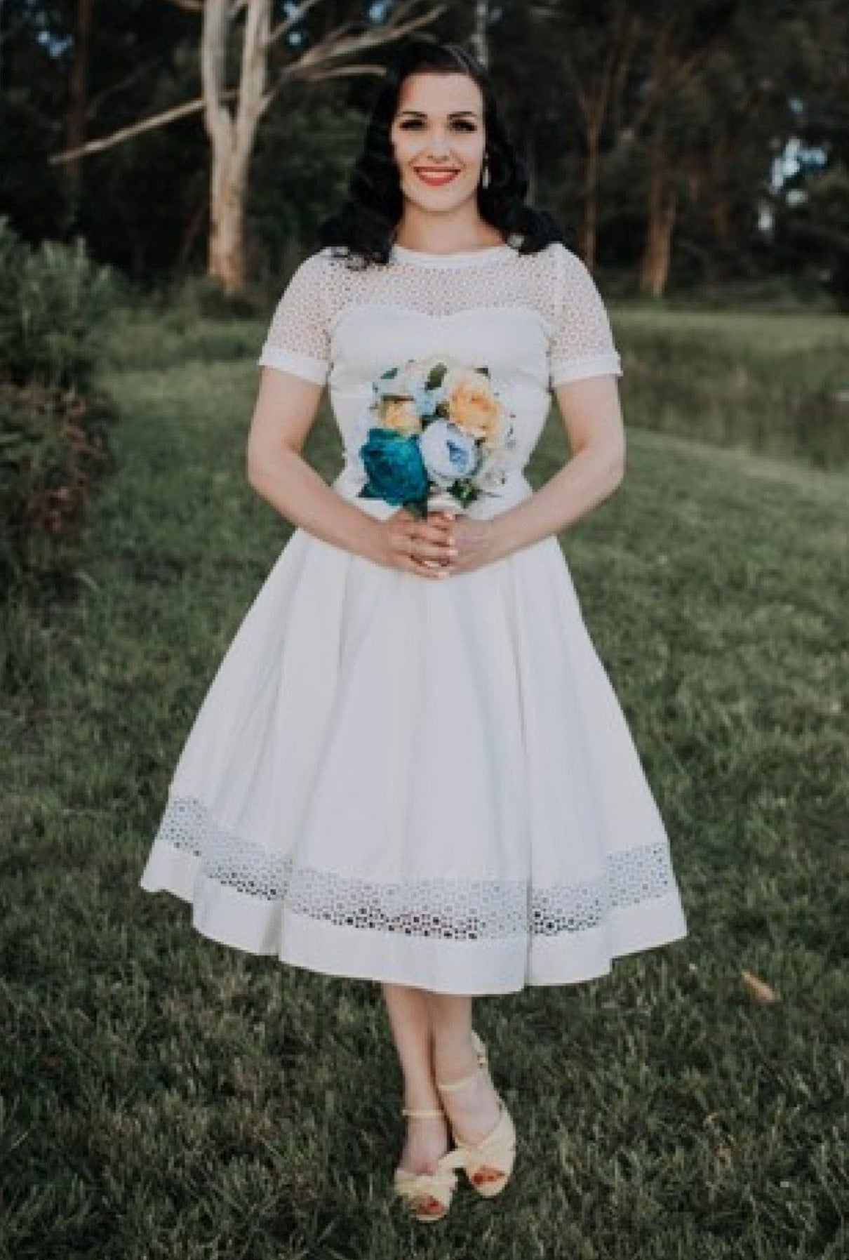 Tess Lace Embroidered Sleeved Off White Swing Dress RetroEsque Tess Lace Embroidered Sleeved Off White Swing Dress RetroEsque