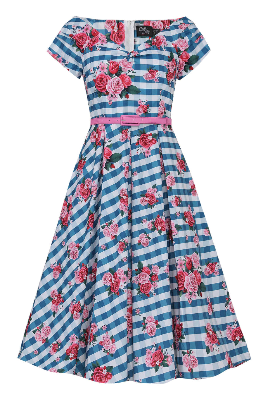 Lily Floral Off Shoulder Dress In Blue Gingham – RetroEsque