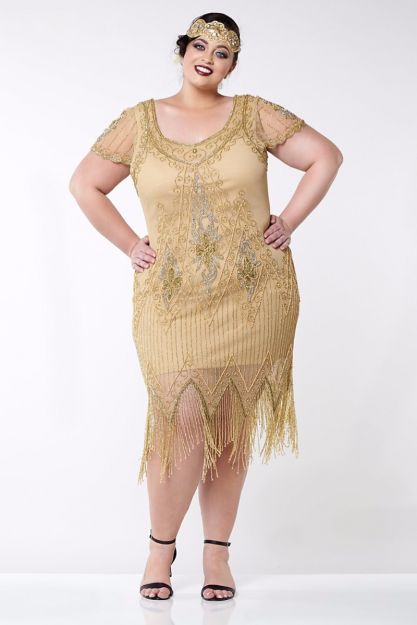 Annette 1920s Fringe Flapper Dress In Gold Beige Size 18 RetroEsque Annette 1920s Fringe Flapper Dress In Gold Beige Size 18 RetroEsque