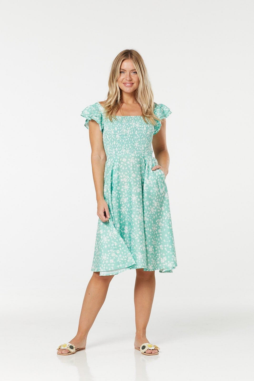 Tory 50s Inspired Mint Green Floral Tea Dress With Frilly Sleeves