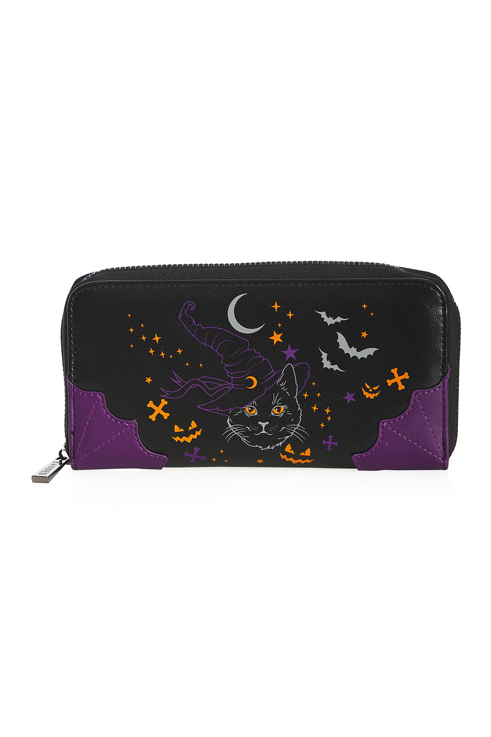 Black and purple wallet with Halloween-themed design on a white background