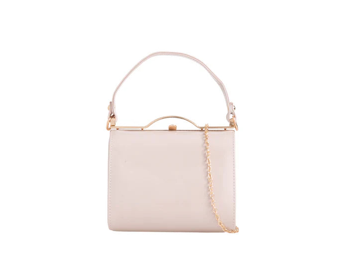Beige handbag with a gold chain detail on a white background