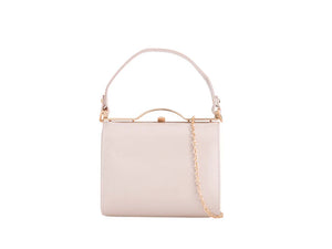 Beige handbag with a gold chain detail on a white background