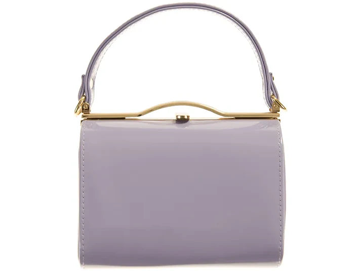 Purple handbag with gold handle on a white background