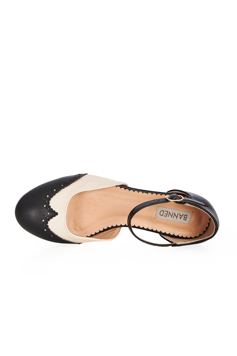 Black and beige sandal with a brand label on a white background