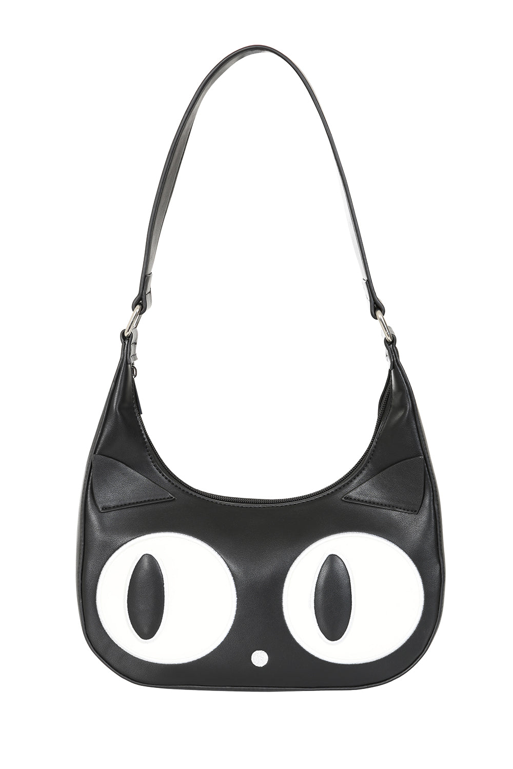 Black handbag with large white eyes on a white background