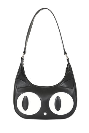 Black handbag with large white eyes on a white background