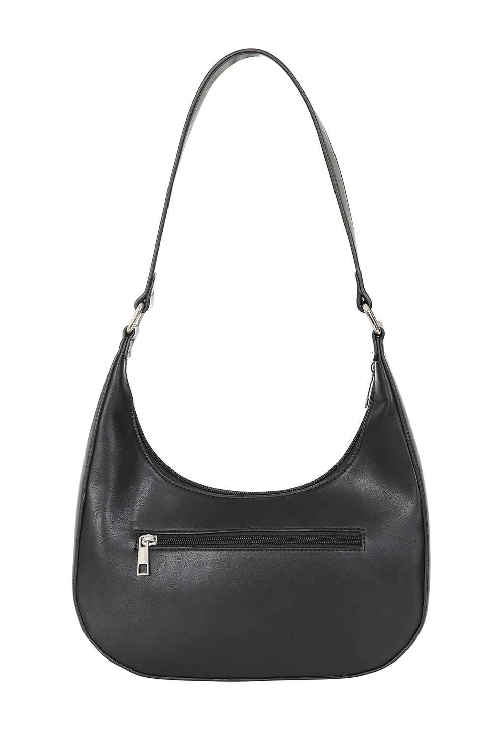 Black leather handbag with a shoulder strap on a white background