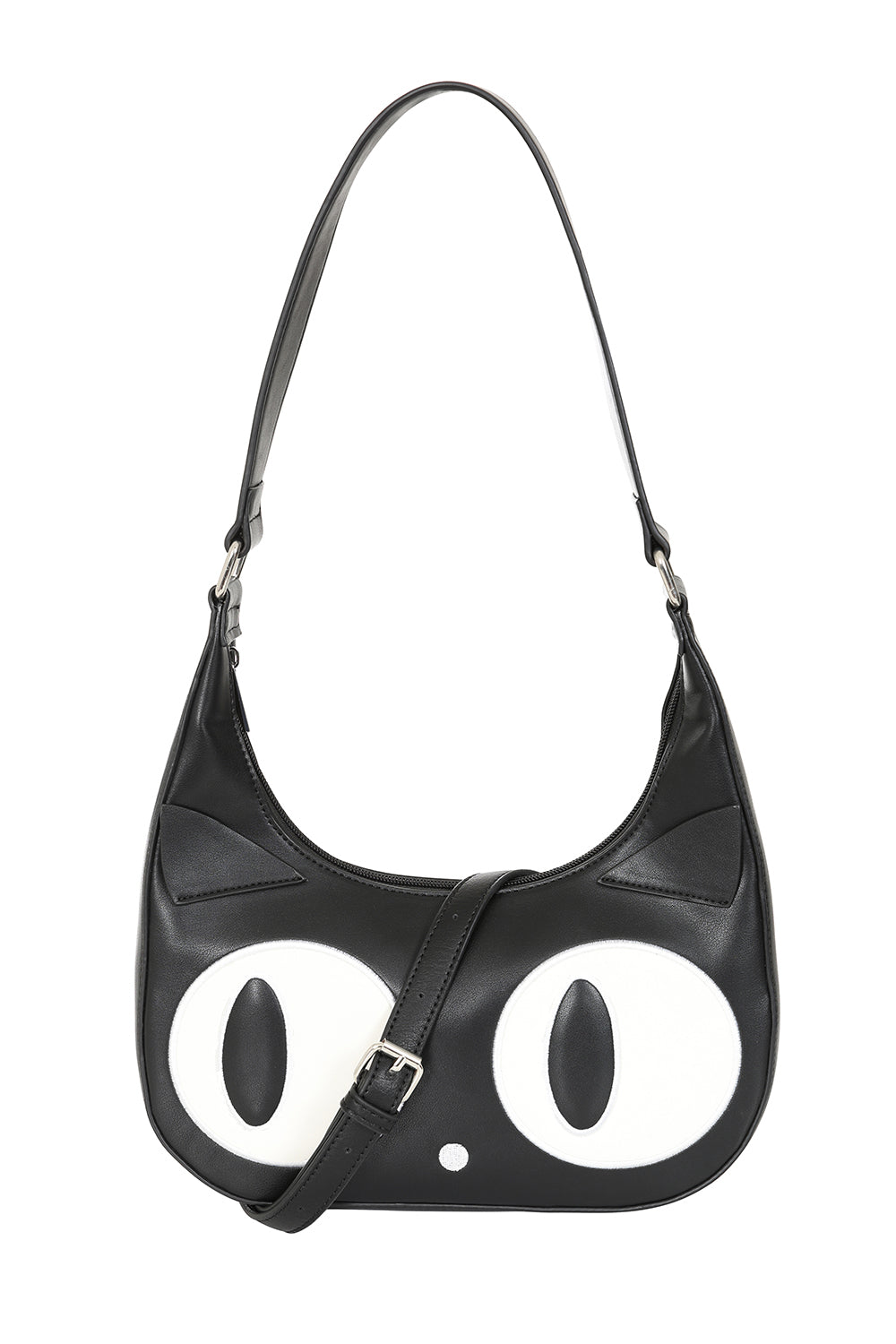 Black handbag with white eye design on a white background