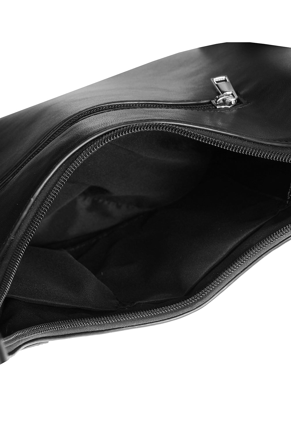 Black leather bag with a zipper on a white background