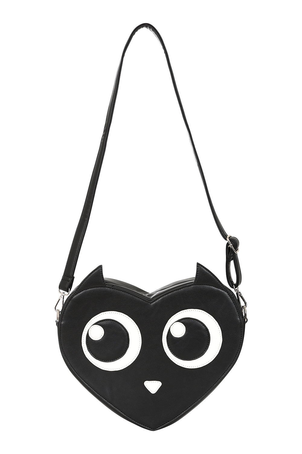 Black heart-shaped bag with white eyes and a small mouth on a white background