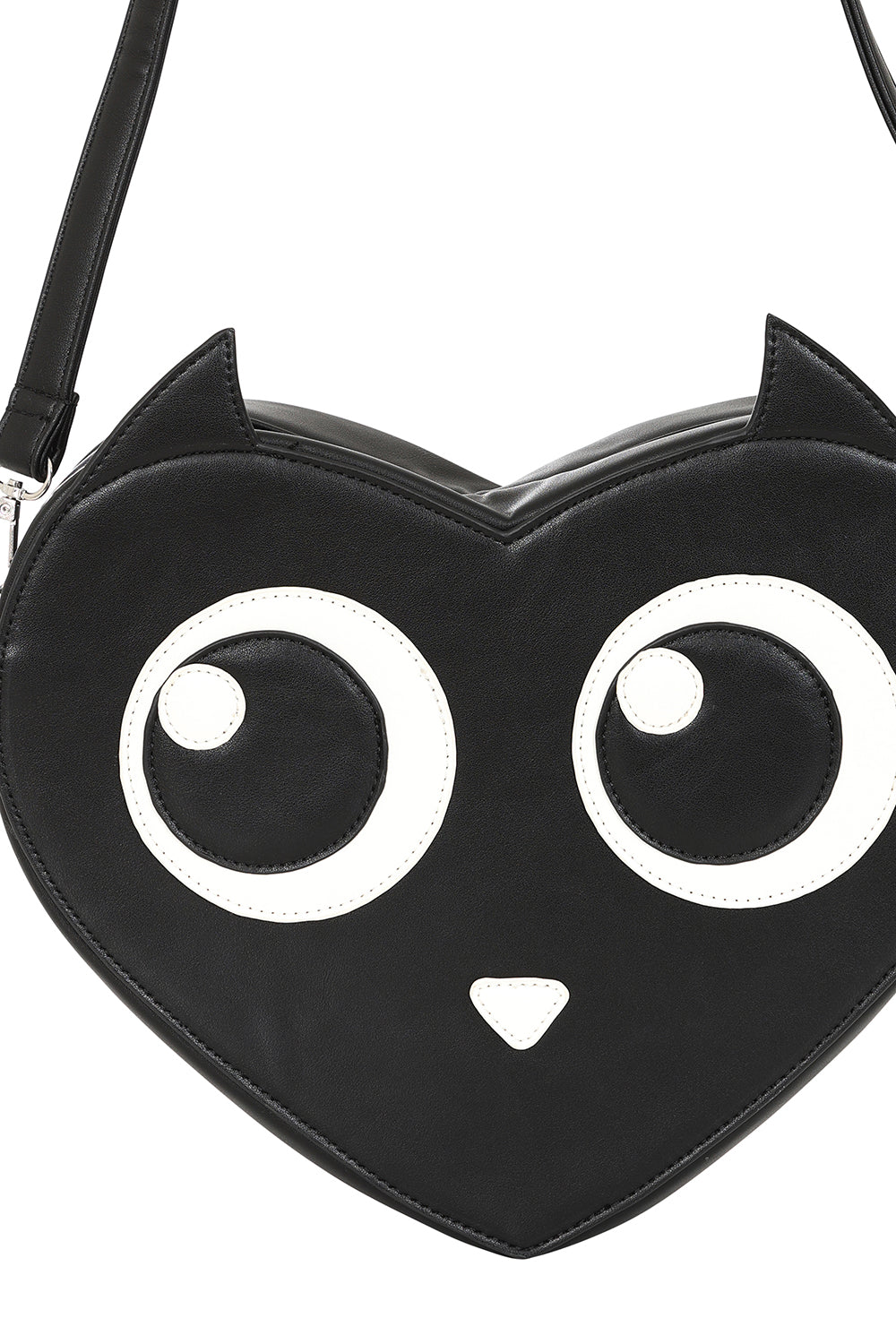 Black heart-shaped bag with cat face design on a white background