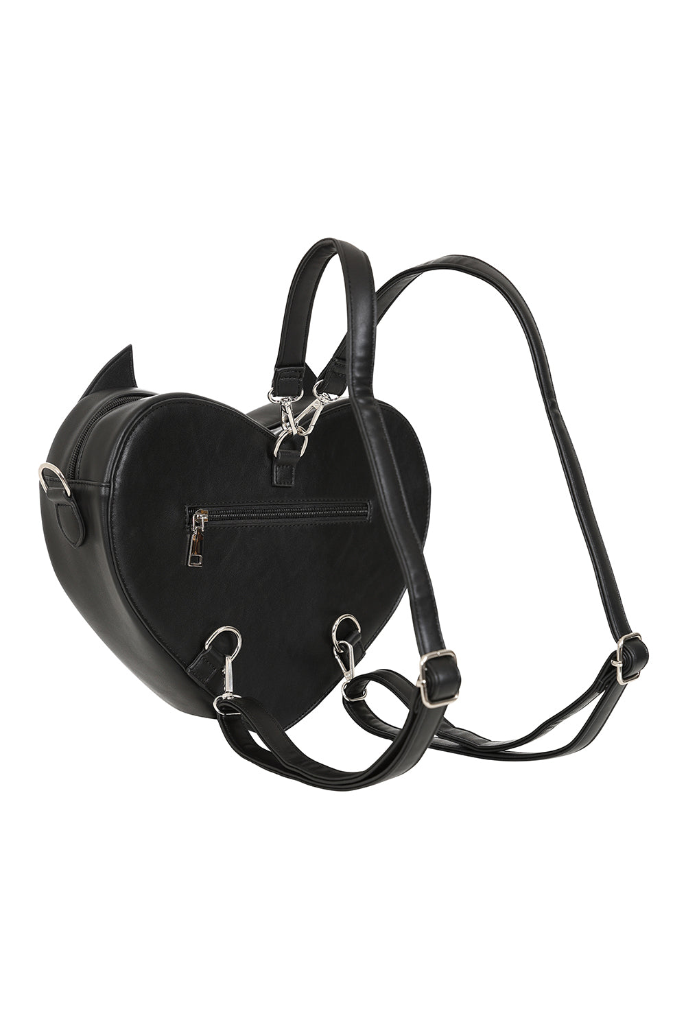 Black heart-shaped backpack with a strap on a white background