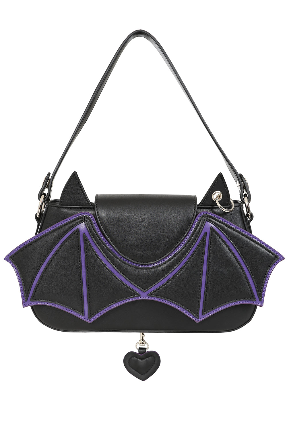 Black Bat Wing Shoulder Bag – Gothic Purse with Purple Trim & Heart Charm