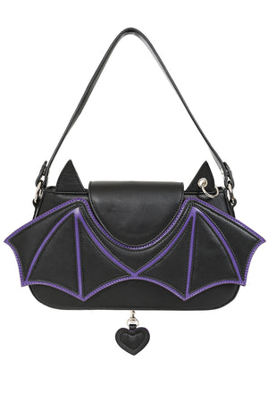 Black Bat Wing Shoulder Bag – Gothic Purse with Purple Trim & Heart Charm