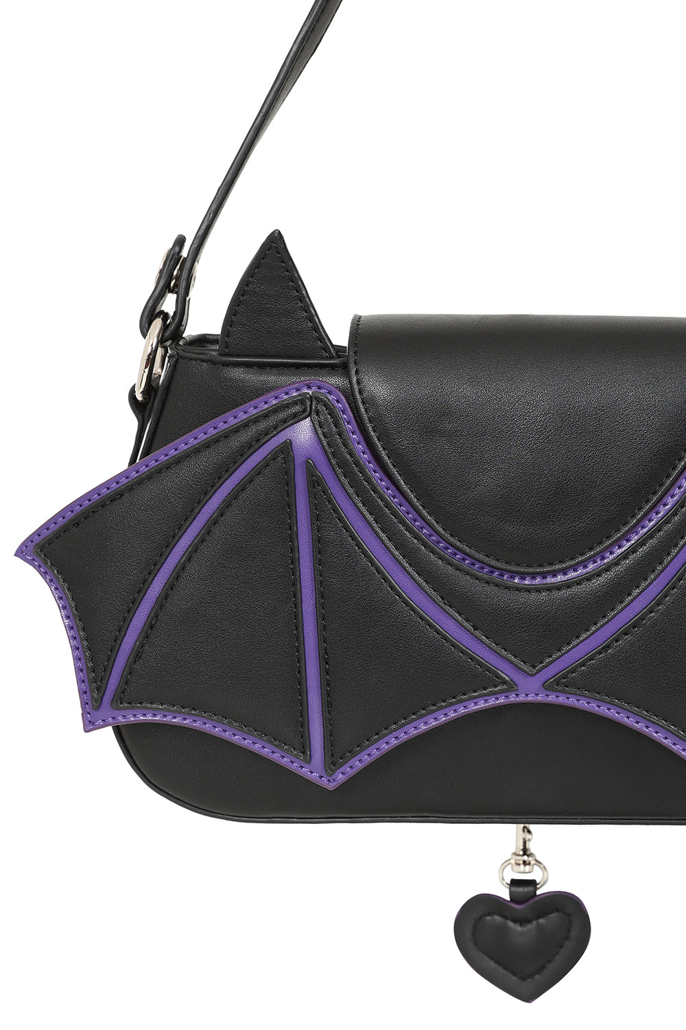 Black Bat Wing Shoulder Bag – Gothic Purse with Purple Trim & Heart Charm