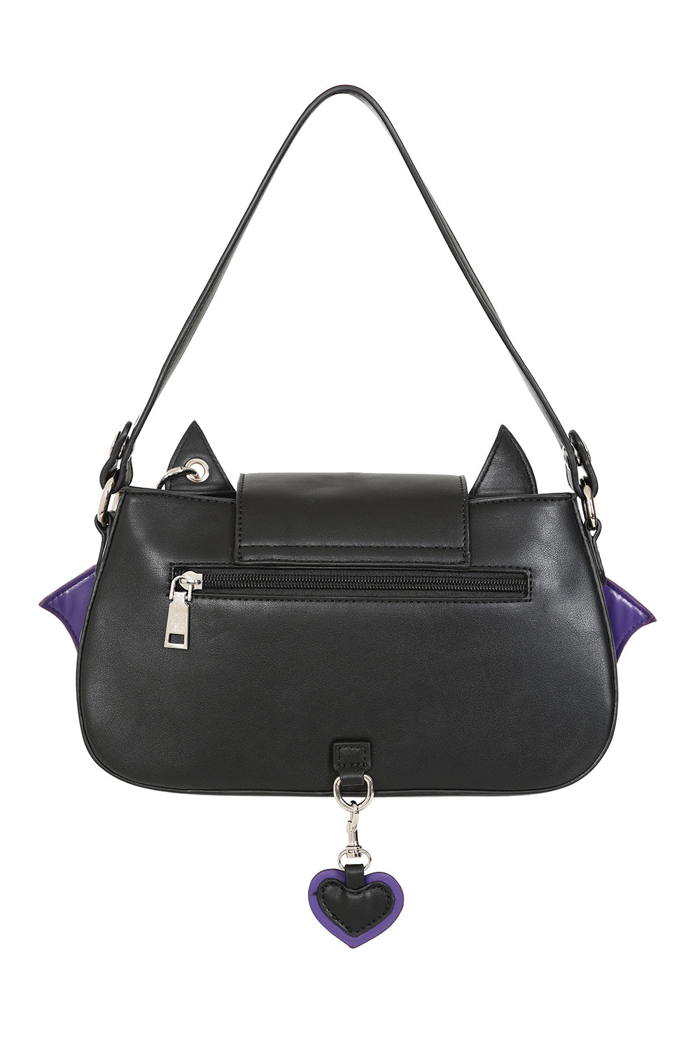 Black Bat Wing Shoulder Bag – Gothic Purse with Purple Trim & Heart Charm