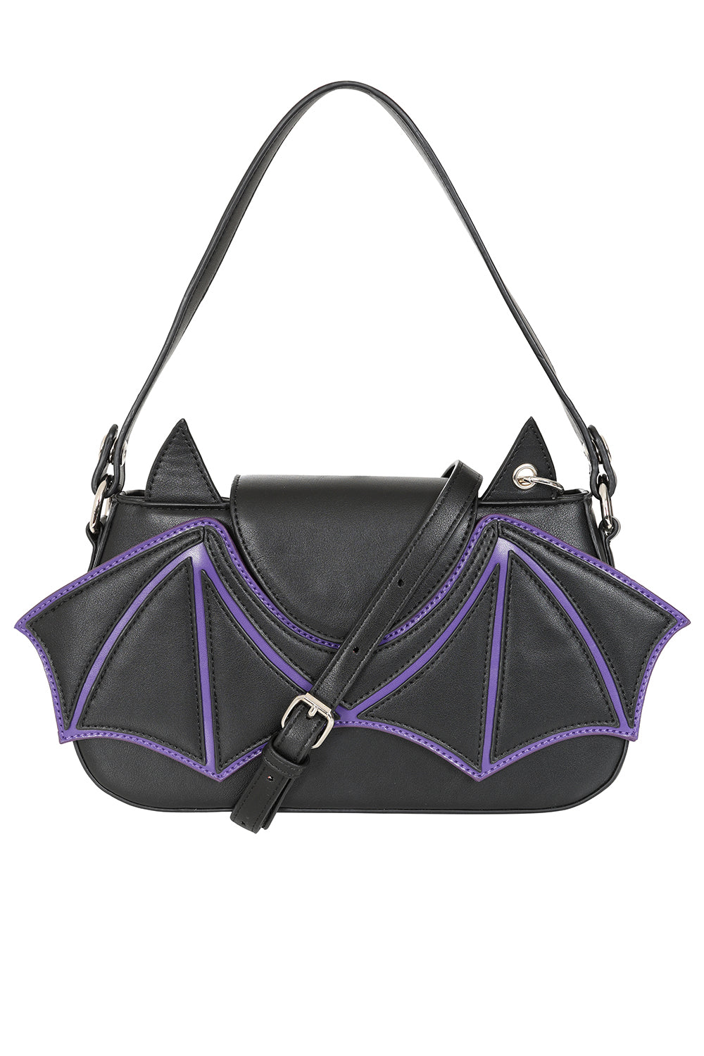Black Bat Wing Shoulder Bag – Gothic Purse with Purple Trim & Heart Charm