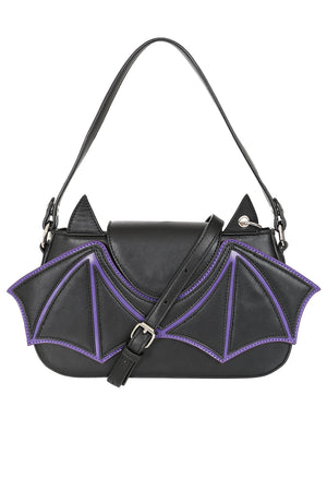 Black Bat Wing Shoulder Bag – Gothic Purse with Purple Trim & Heart Charm