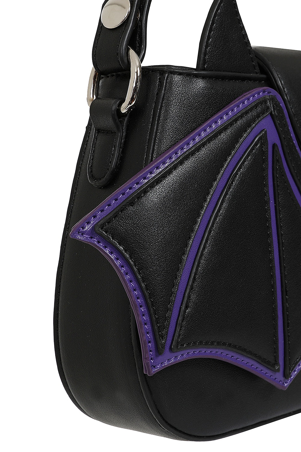 Black Bat Wing Shoulder Bag – Gothic Purse with Purple Trim & Heart Charm