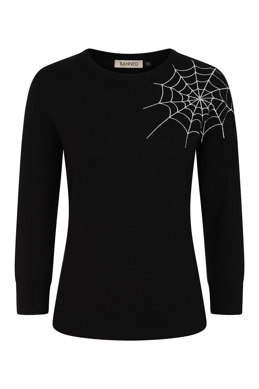 Black long-sleeve shirt with spider web design on a white background