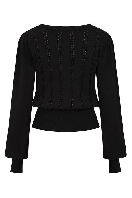Black long-sleeve top with peplum waist on a white background