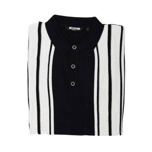 Black and white striped shirt with button details on a white background
