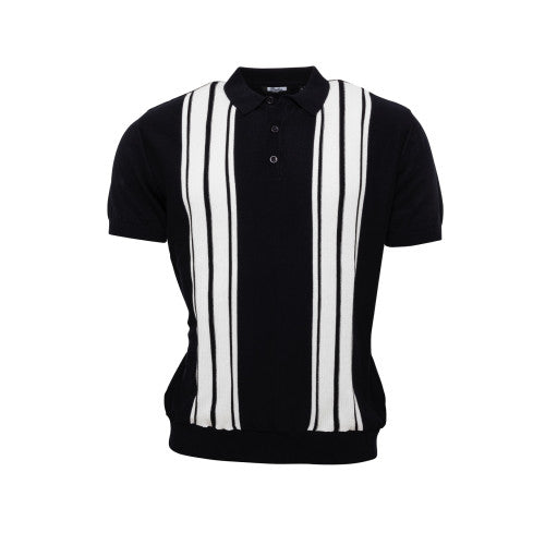 Black polo shirt with white vertical stripes on a white background