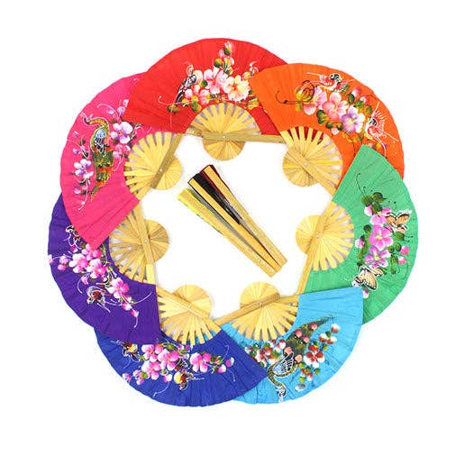 Colorful decorative fans arranged in a circular pattern on a white background