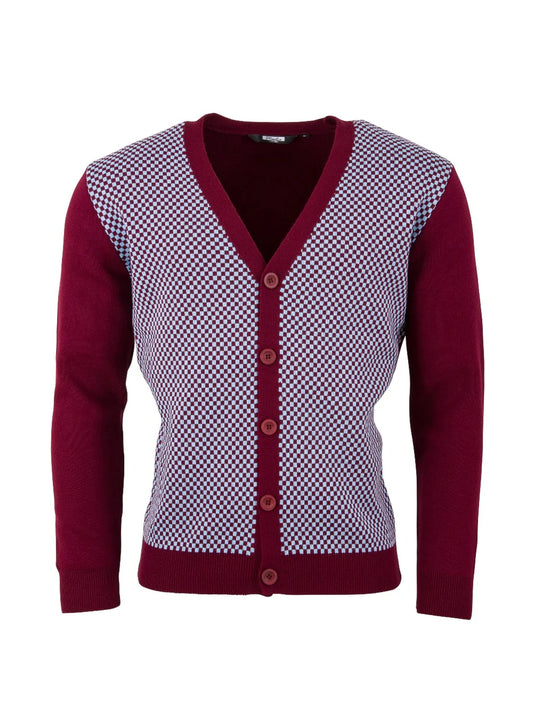 Relco Burgundy & Sky blue Check Cardigan - Chas