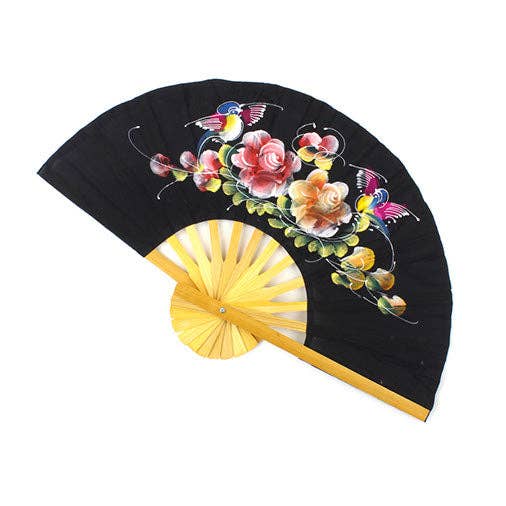 Decorative fan with floral and butterfly design on a black background