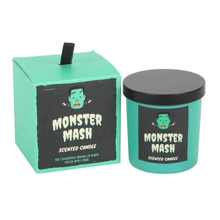 Monster Mash scented candle with packaging on a white background