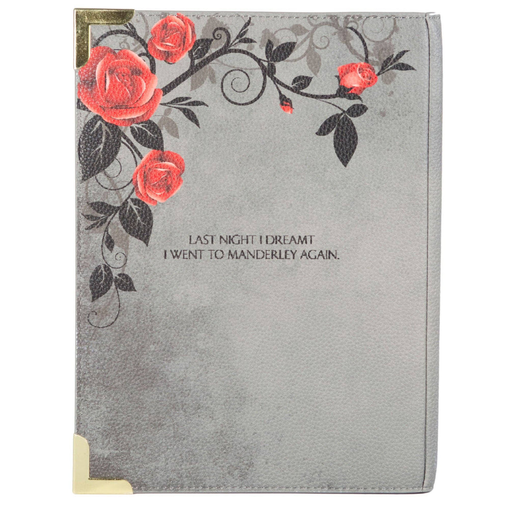 Gray fabric cover with red roses and text on a white background