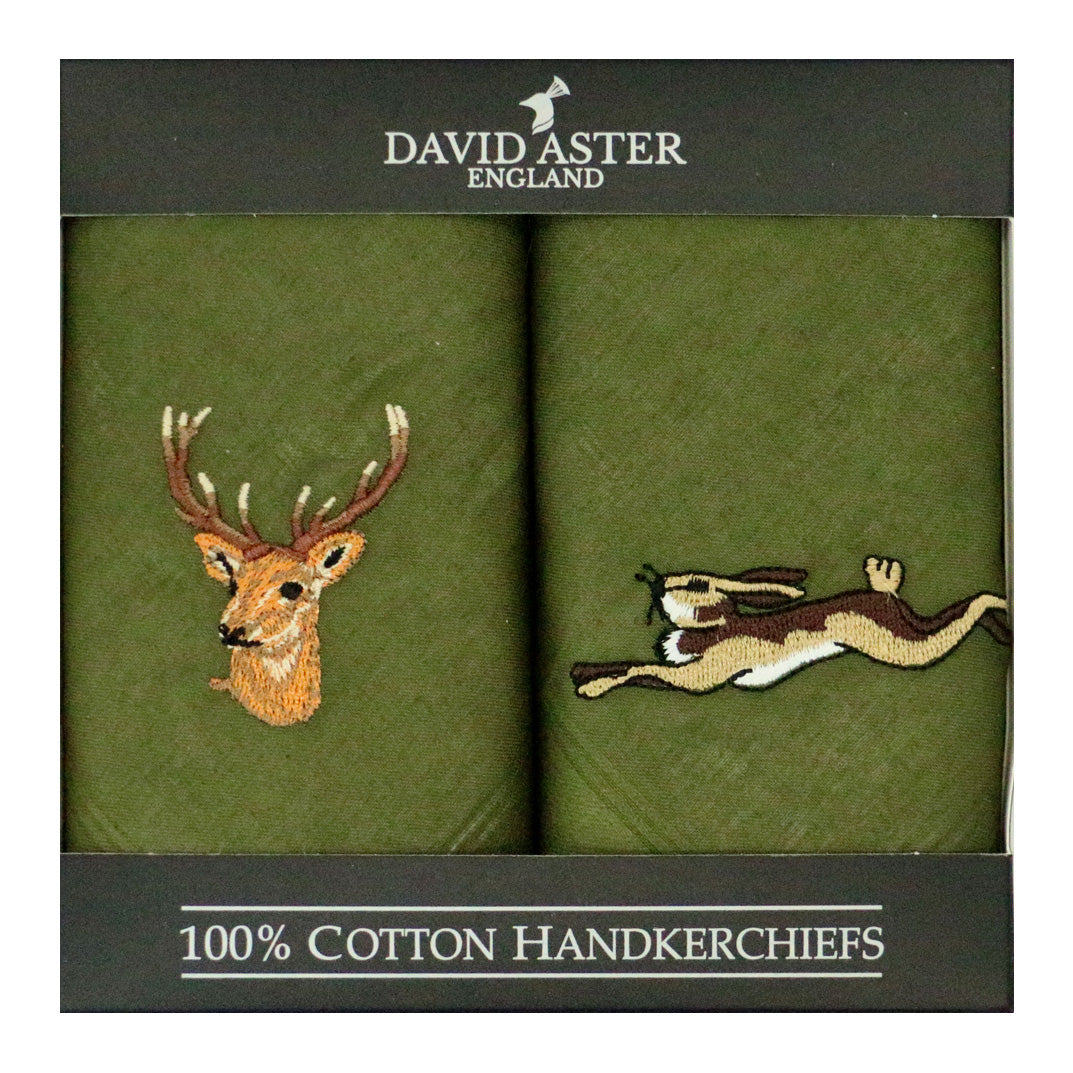 Pair Of Embroidered Green Handkerchiefs With Stag & Hare hi