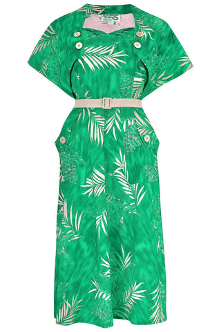 Ayda 2 Piece 40s Tea Dress & Button On Bolero In Green Palm