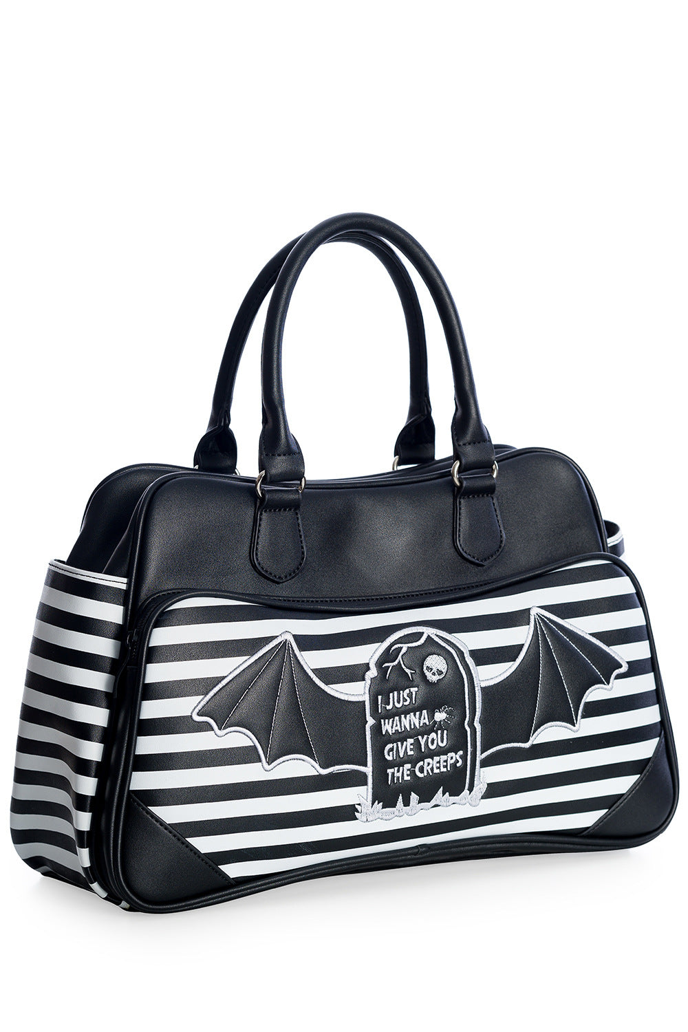 Black and white striped handbag with bat design and text on a white background