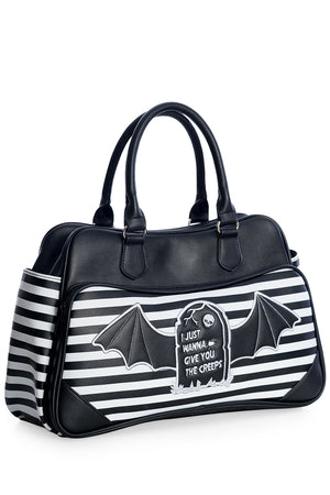 Black and white striped handbag with bat design and text on a white background