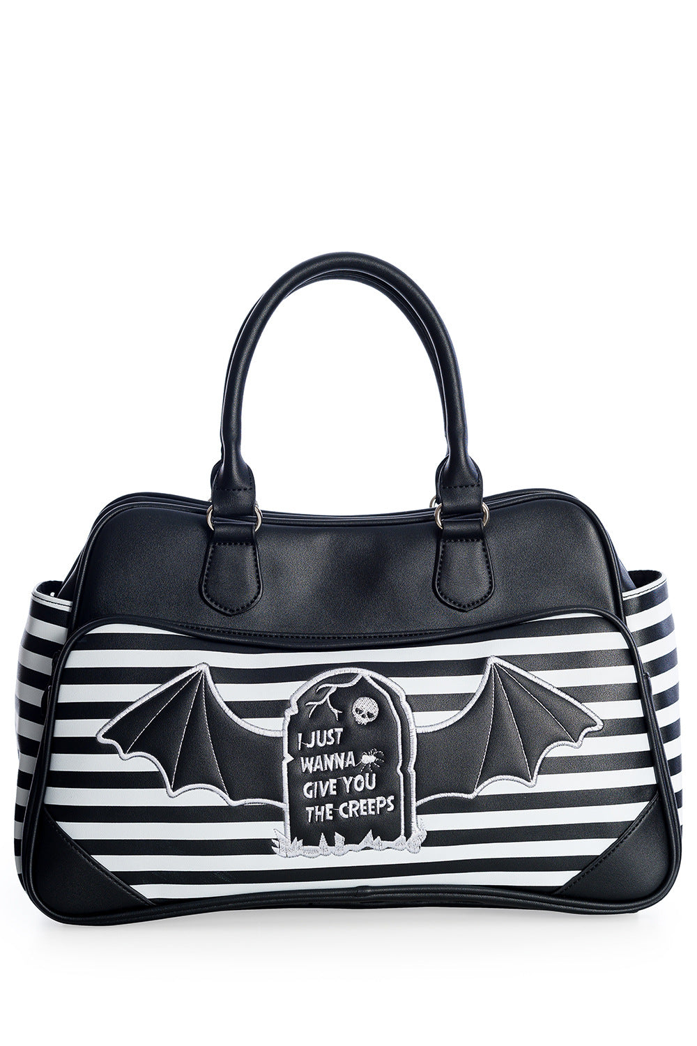 Black and white striped handbag with bat designs and text on a white background