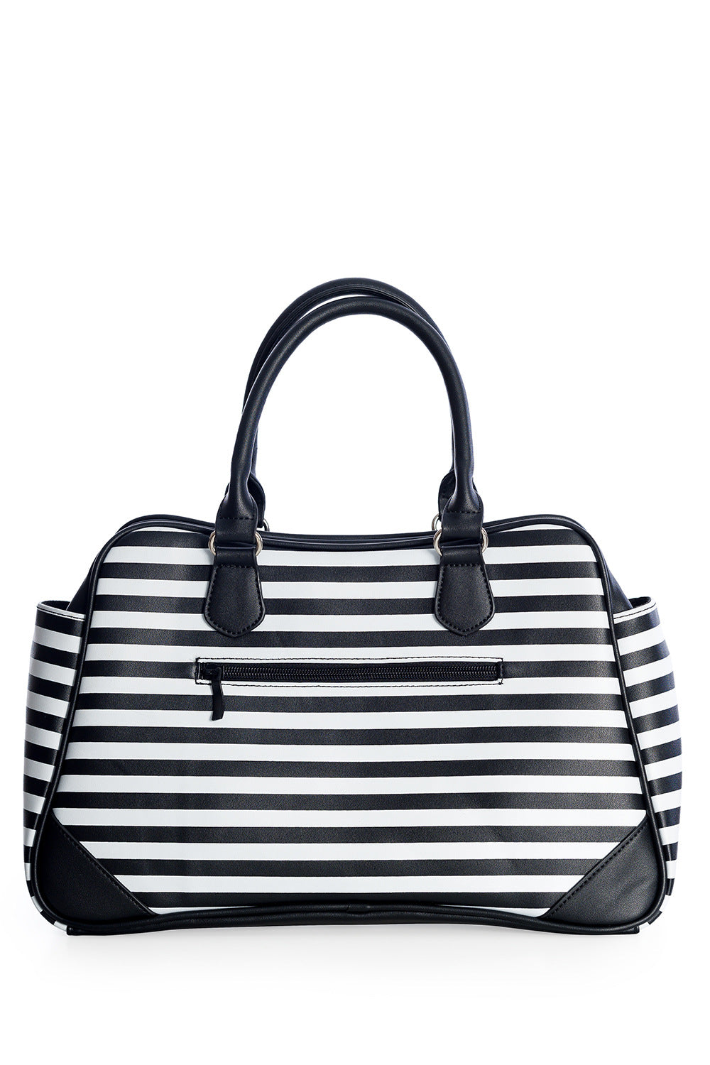 Black and white striped handbag on a white background