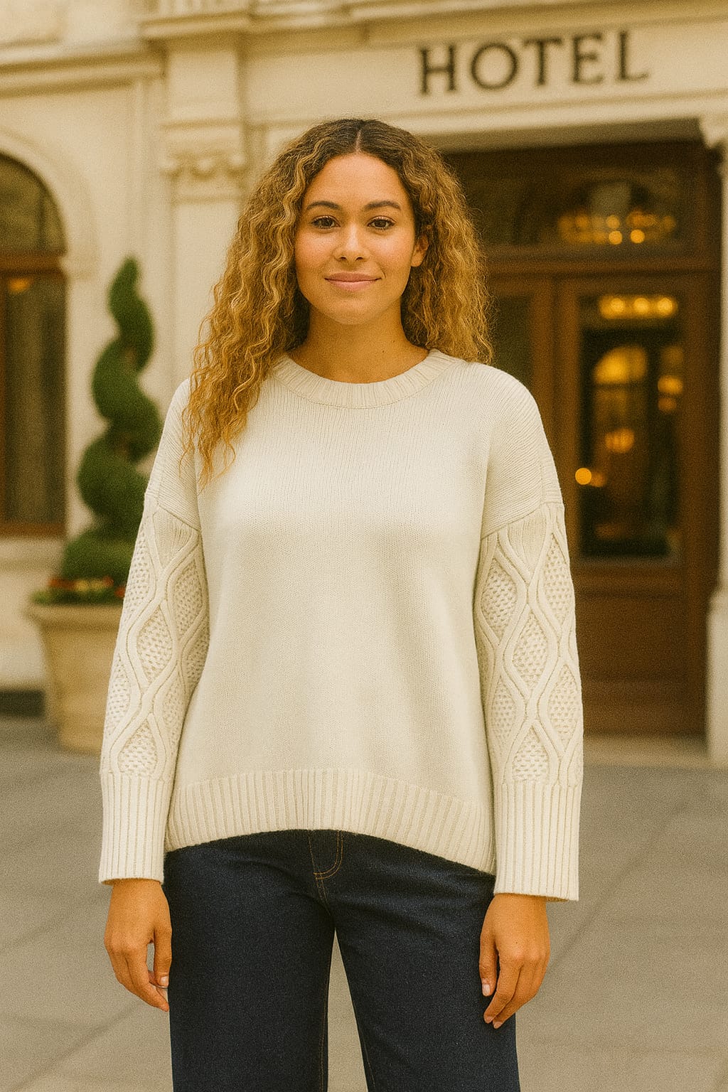 Woman wearing a cream sweater standing in front of a hotel entrance