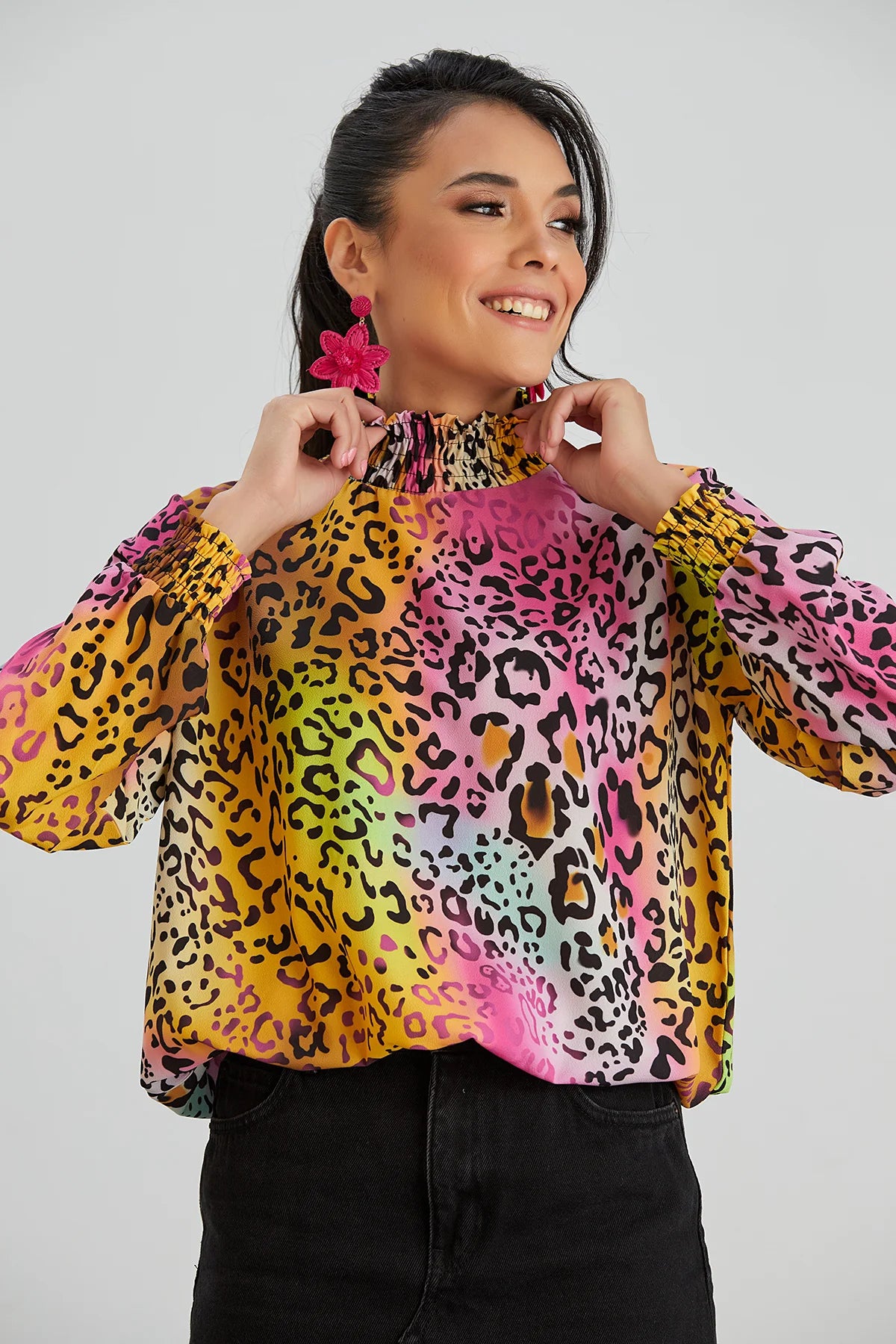 High Neck Oversized Top In Pink Leopard