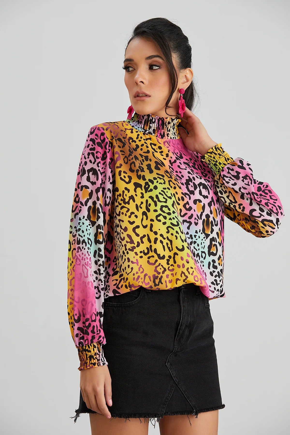 High Neck Oversized Top In Pink Leopard