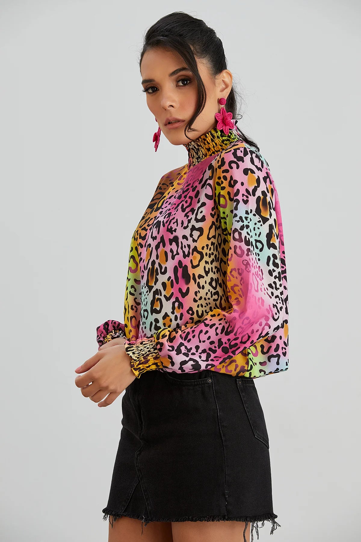 High Neck Oversized Top In Pink Leopard