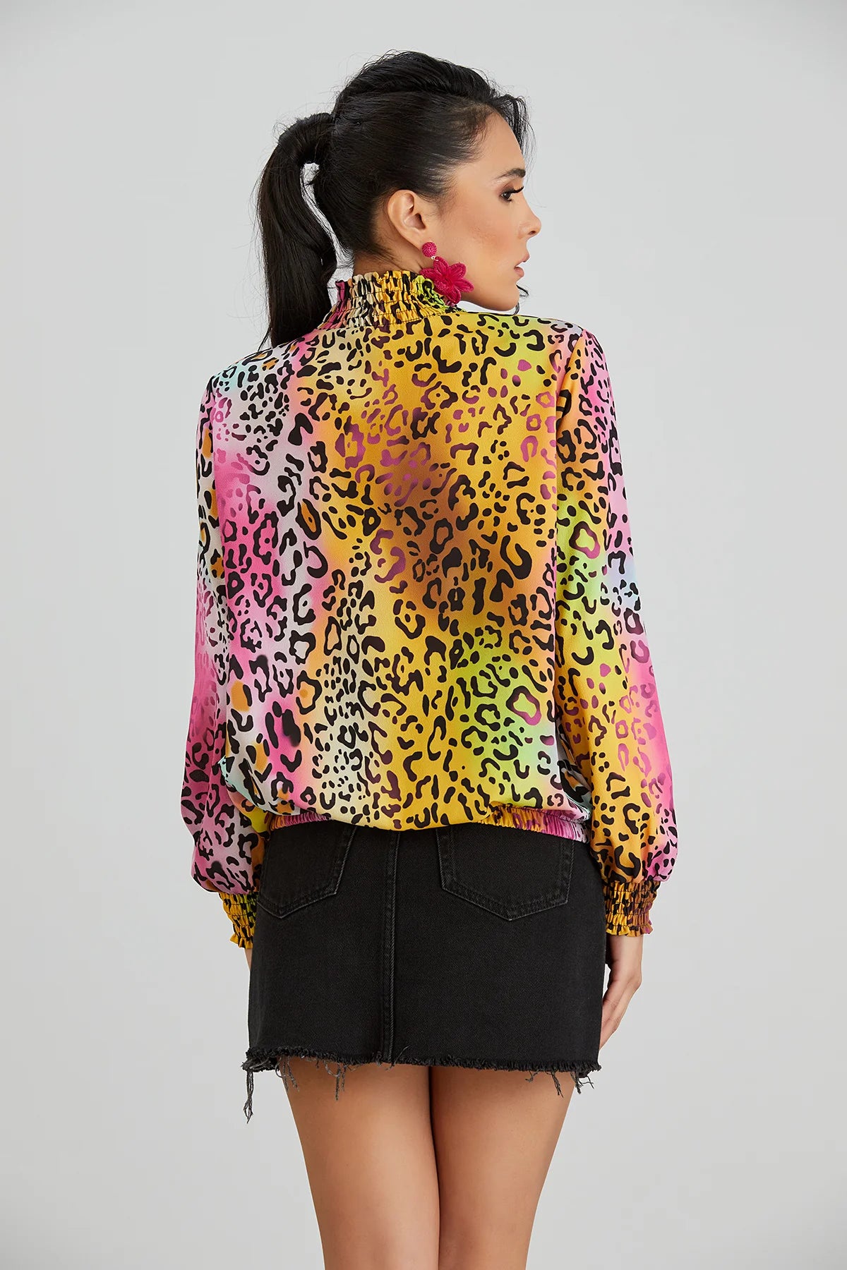 High Neck Oversized Top In Pink Leopard