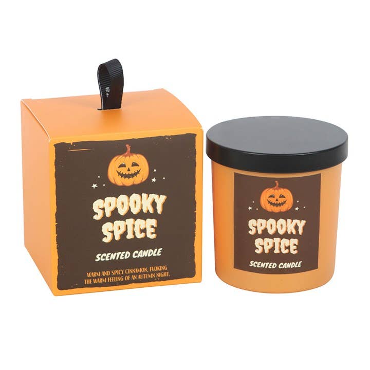 Spooky Spice scented candle with packaging on a white background