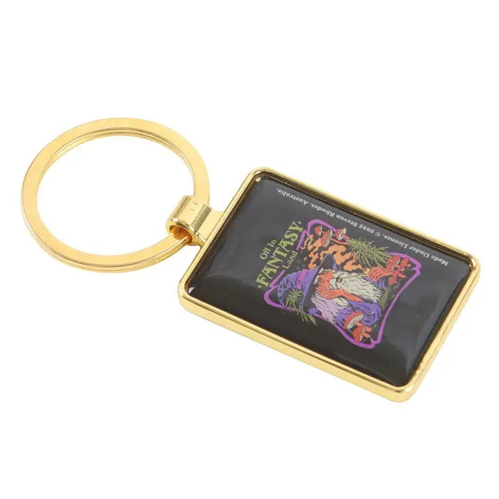 Keychain with a colorful design on a black background, featuring the word 'Fantasy'.