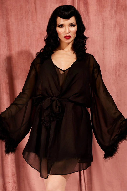 Bettie Page x Playful Promises Black Feather Robe