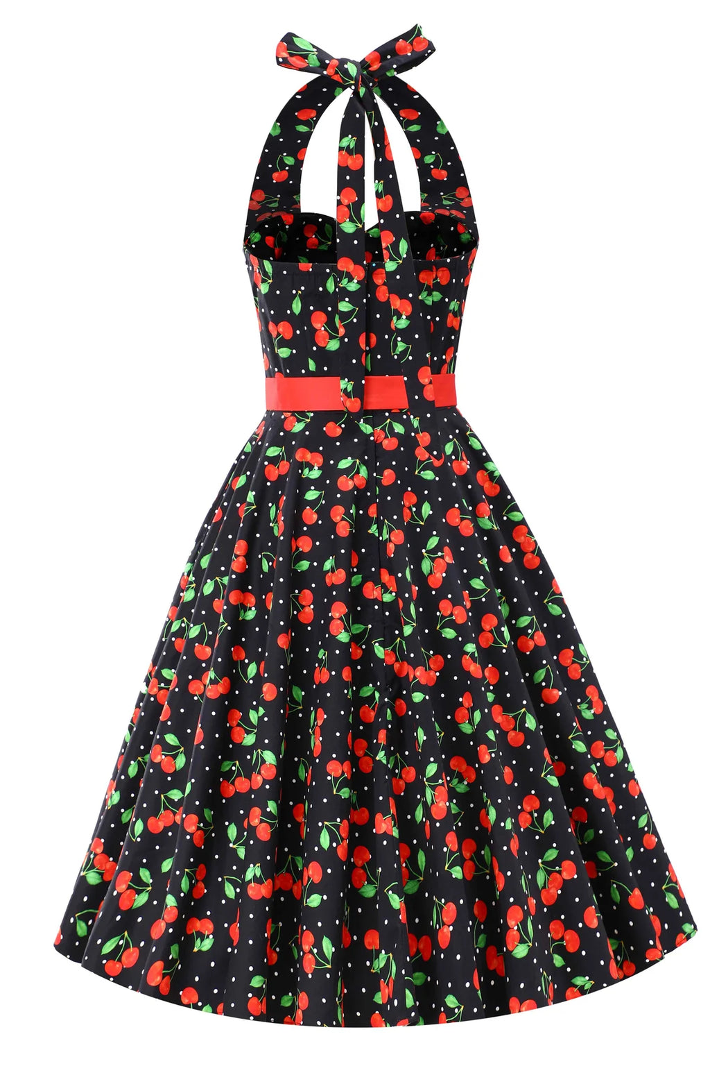 Daisy Red Cherry Halter Dress In Black with Cherry Print