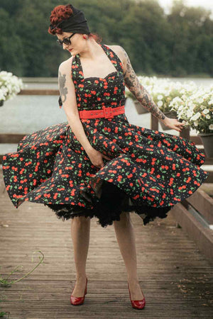 Daisy Red Cherry Halter Dress In Black with Cherry Print