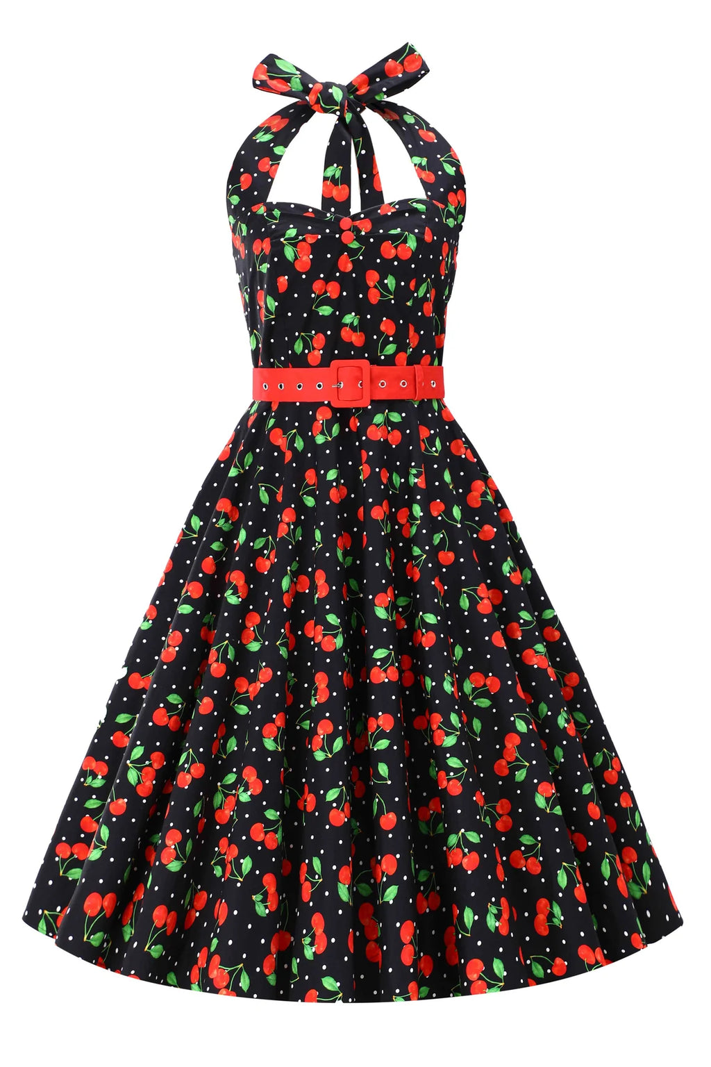 Daisy Red Cherry Halter Dress In Black with Cherry Print